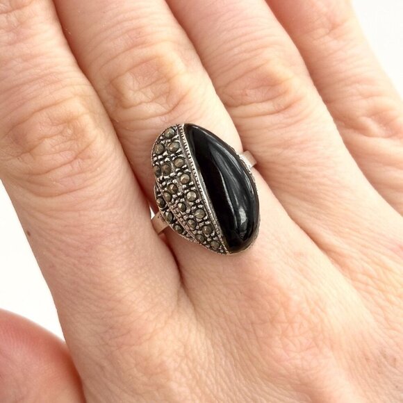 Sterling Silver Black Onyx & Marcasite Yin Yang Vintage Art Deco Ring - sz 7.75 - Picture 8 of 9
